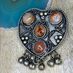 Afghan kuchi gemstone Silver Heart Shaped Boho Vintage Carnelian Stone Brooch